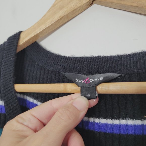 Stork & Babe Knit Maternity Black Comfy Blue Green Striped Ribbed Sweater Dress - Picture 2 of 10